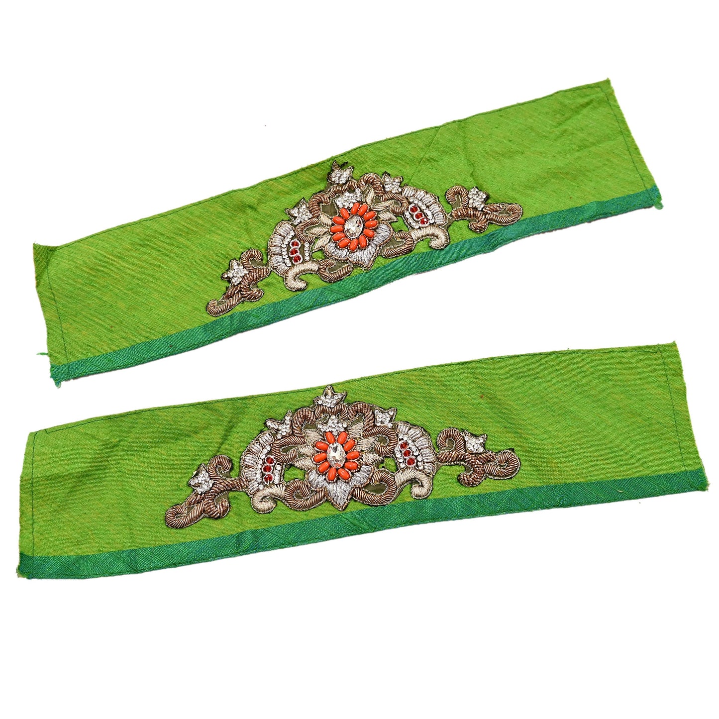 Indian Vintage Green Cotton Appliques/Patches  Set of 2 | Hand-Embroidered Floral Patches with Zardozi, Dabka, for Craft, Journals