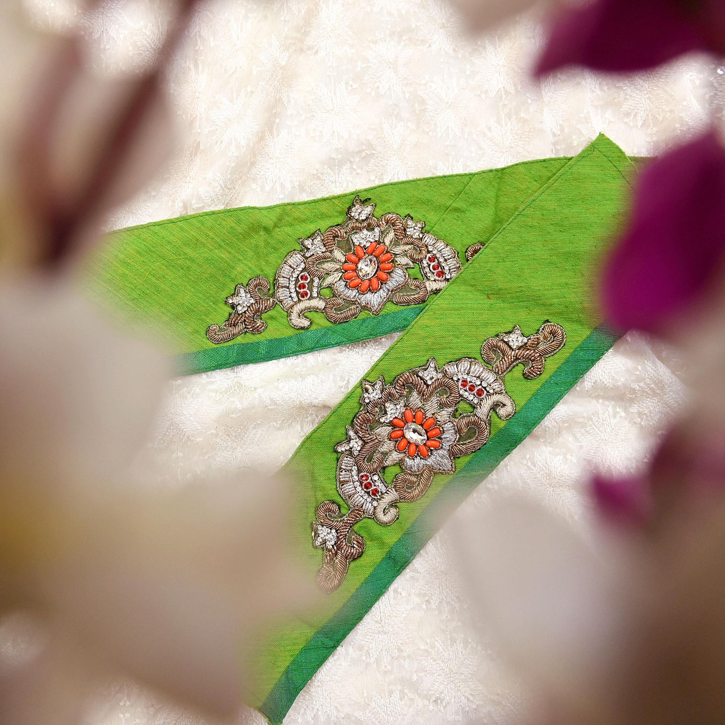 Indian Vintage Green Cotton Appliques/Patches  Set of 2 | Hand-Embroidered Floral Patches with Zardozi, Dabka, for Craft, Journals