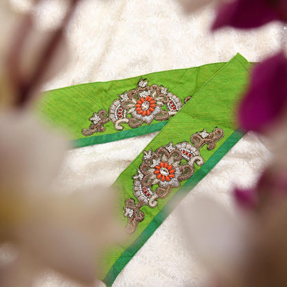 Indian Vintage Green Cotton Appliques/Patches  Set of 2 | Hand-Embroidered Floral Patches with Zardozi, Dabka, for Craft, Journals