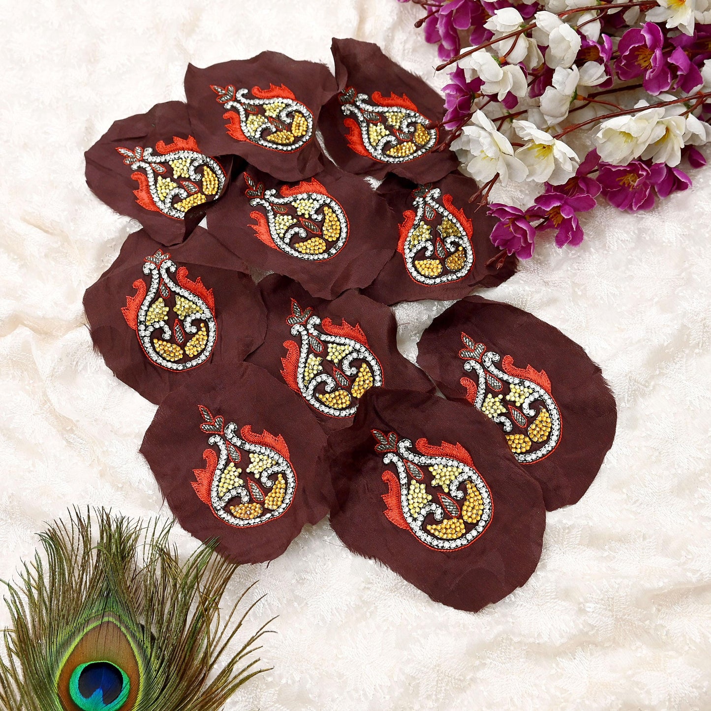 Indian Vintage Hand Embroidered 10 Pcs Rare Appliques Brown Pure Crepe silk Applique VERY OLD ANTIQUE Snippets Remnants Craft Journals