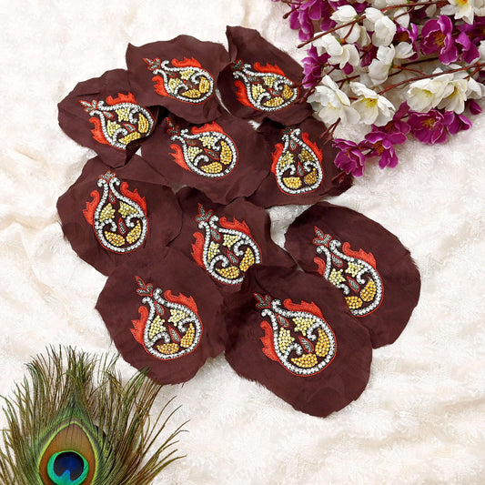 Indian Vintage Hand Embroidered 10 Pcs Rare Appliques Brown Pure Crepe silk Applique VERY OLD ANTIQUE Snippets Remnants Craft Journals