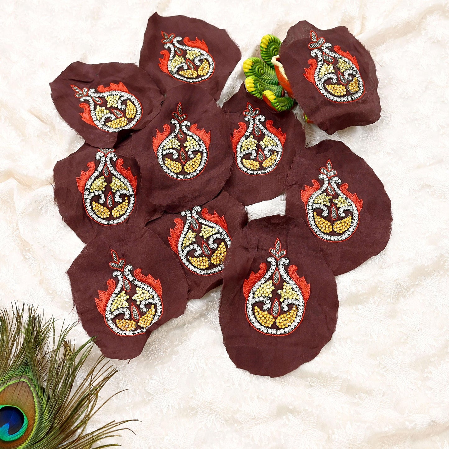 Indian Vintage Hand Embroidered 10 Pcs Rare Appliques Brown Pure Crepe silk Applique VERY OLD ANTIQUE Snippets Remnants Craft Journals