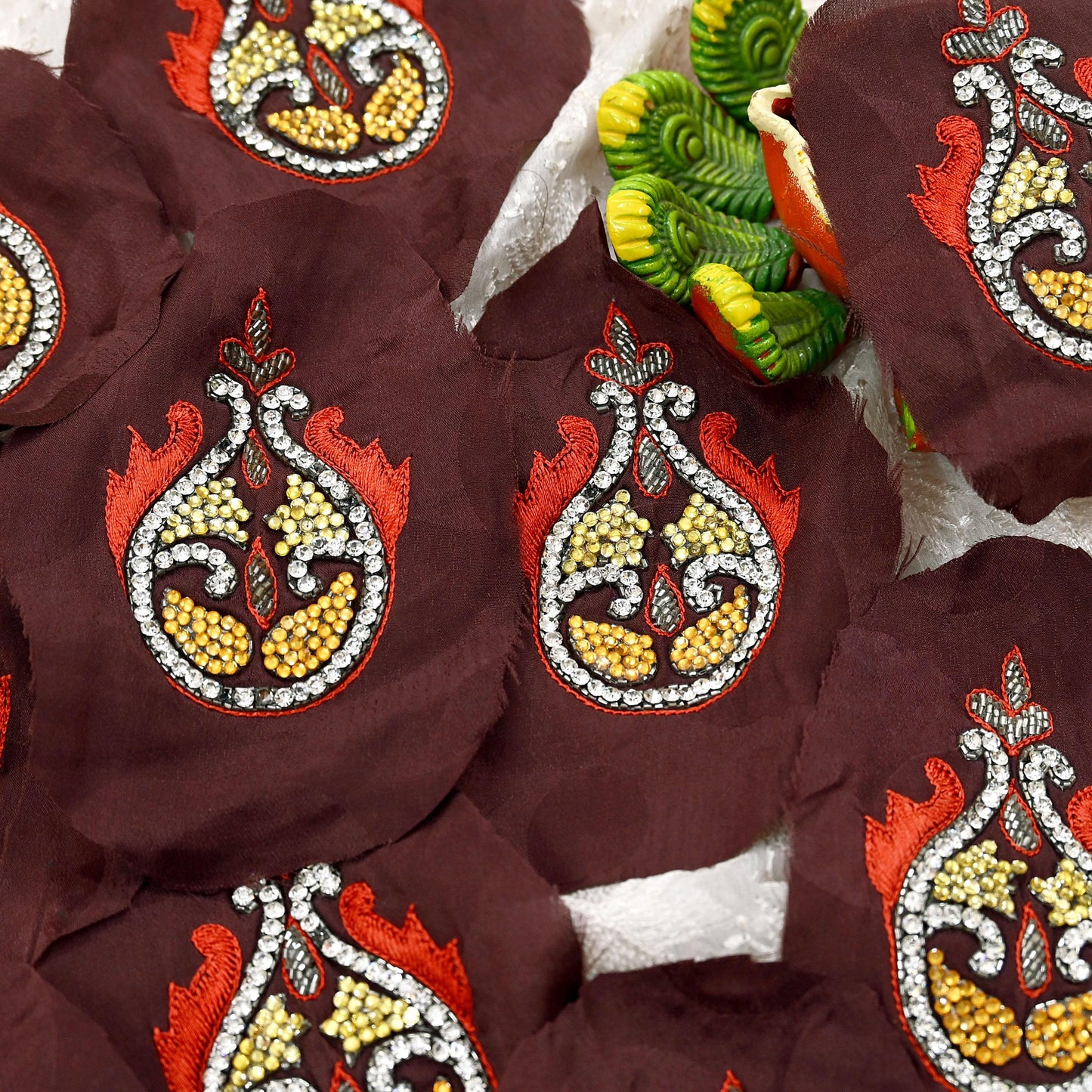 Indian Vintage Hand Embroidered 10 Pcs Rare Appliques Brown Pure Crepe silk Applique VERY OLD ANTIQUE Snippets Remnants Craft Journals