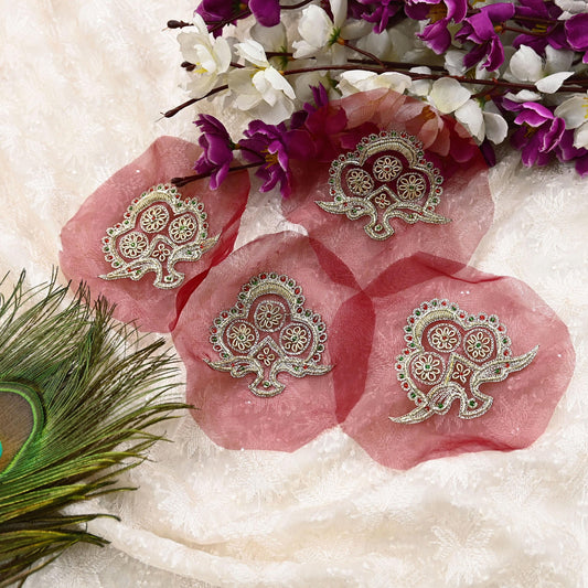 Indian Vintage Maroon American Georgette Appliques  Set of 4 | Hand-Embroidered Floral Patches with Zardozi, Dabka, for Craft, Journals