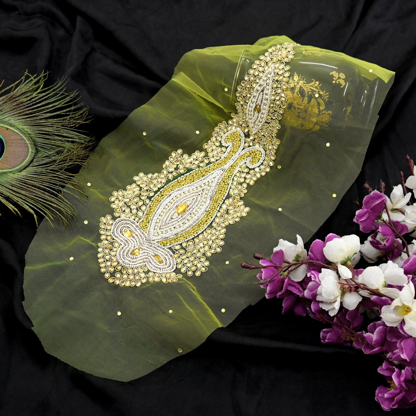 Indian Vintage Hand-Embroidered Neon Green Net Appliques  Set of 1 Patches with Zardozi,Dabka, Zari,for Craft, Journals