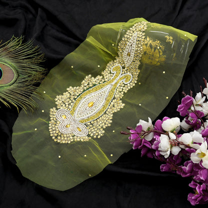 Indian Vintage Hand-Embroidered Neon Green Net Appliques  Set of 1 Patches with Zardozi,Dabka, Zari,for Craft, Journals