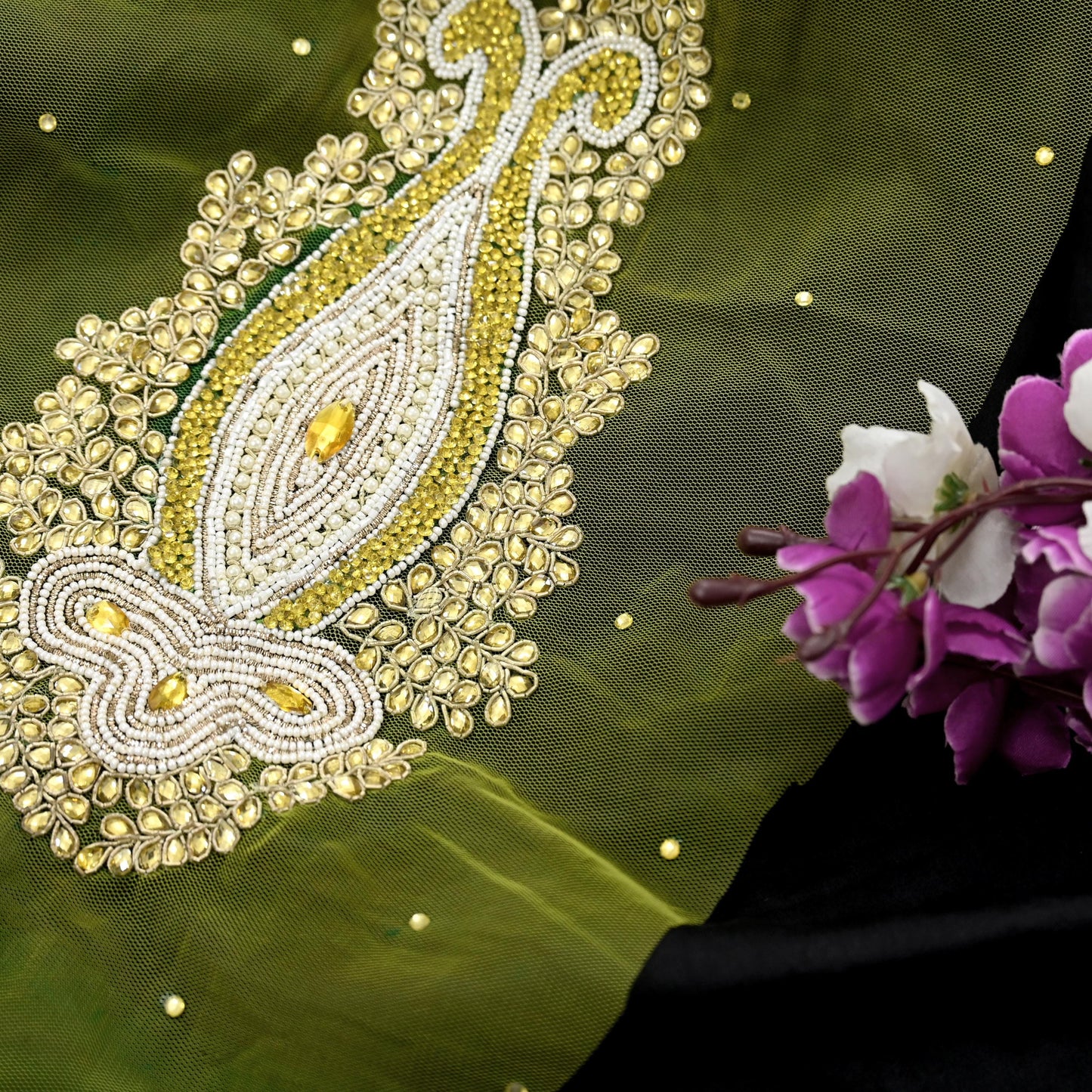Indian Vintage Hand-Embroidered Neon Green Net Appliques  Set of 1 Patches with Zardozi,Dabka, Zari,for Craft, Journals