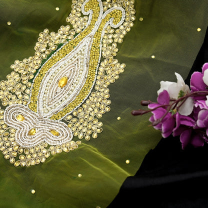 Indian Vintage Hand-Embroidered Neon Green Net Appliques  Set of 1 Patches with Zardozi,Dabka, Zari,for Craft, Journals