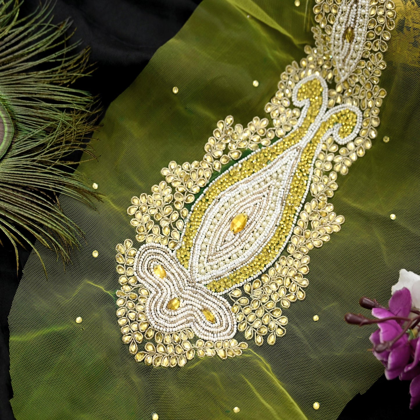 Indian Vintage Hand-Embroidered Neon Green Net Appliques  Set of 1 Patches with Zardozi,Dabka, Zari,for Craft, Journals