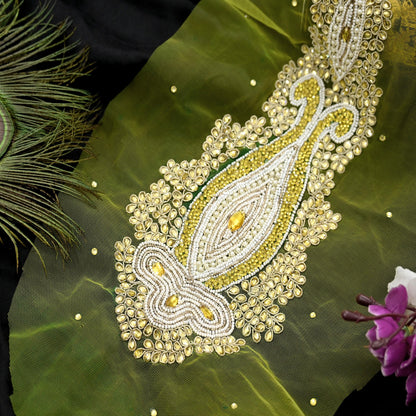 Indian Vintage Hand-Embroidered Neon Green Net Appliques  Set of 1 Patches with Zardozi,Dabka, Zari,for Craft, Journals