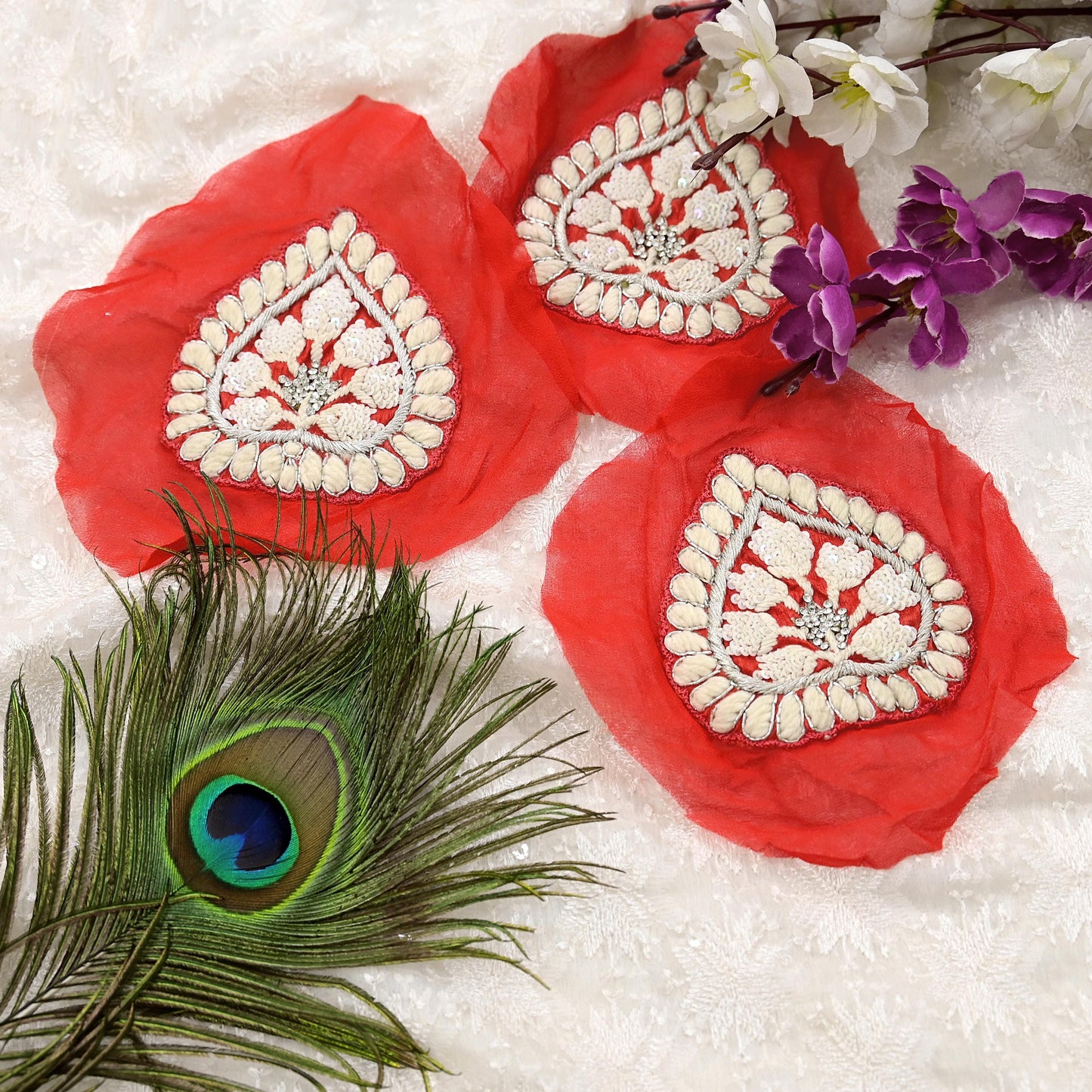 Indian Vintage Embroidered Orange Pure Georgette Silk set-3 Pcs Applique VERY OLD ANTIQUE Snippets Remnants Craft Journals