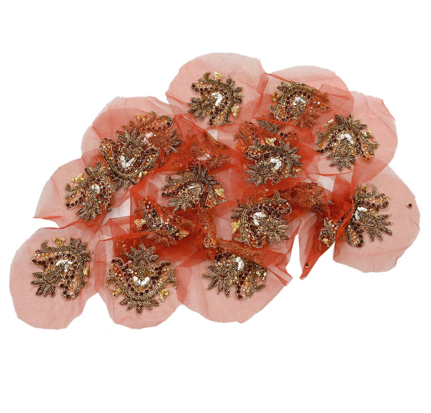Indian Vintage Hand-Embroidered Rusty Net Appliques  Set of 5 Floral Patches with Zardozi, Dabka, Zari,for Craft, Journals