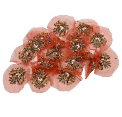 Indian Vintage Hand-Embroidered Rusty Net Appliques  Set of 5 Floral Patches with Zardozi, Dabka, Zari,for Craft, Journals