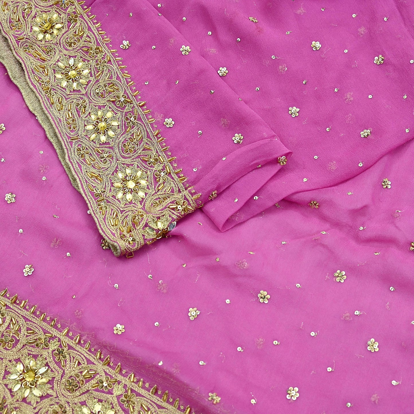 Indian Vintage Pink Dupatta Pure Georgette silk Long Stole Hand Embroidered Scarves Stole Veil Wrap Sequins Dabka/ Zardozi