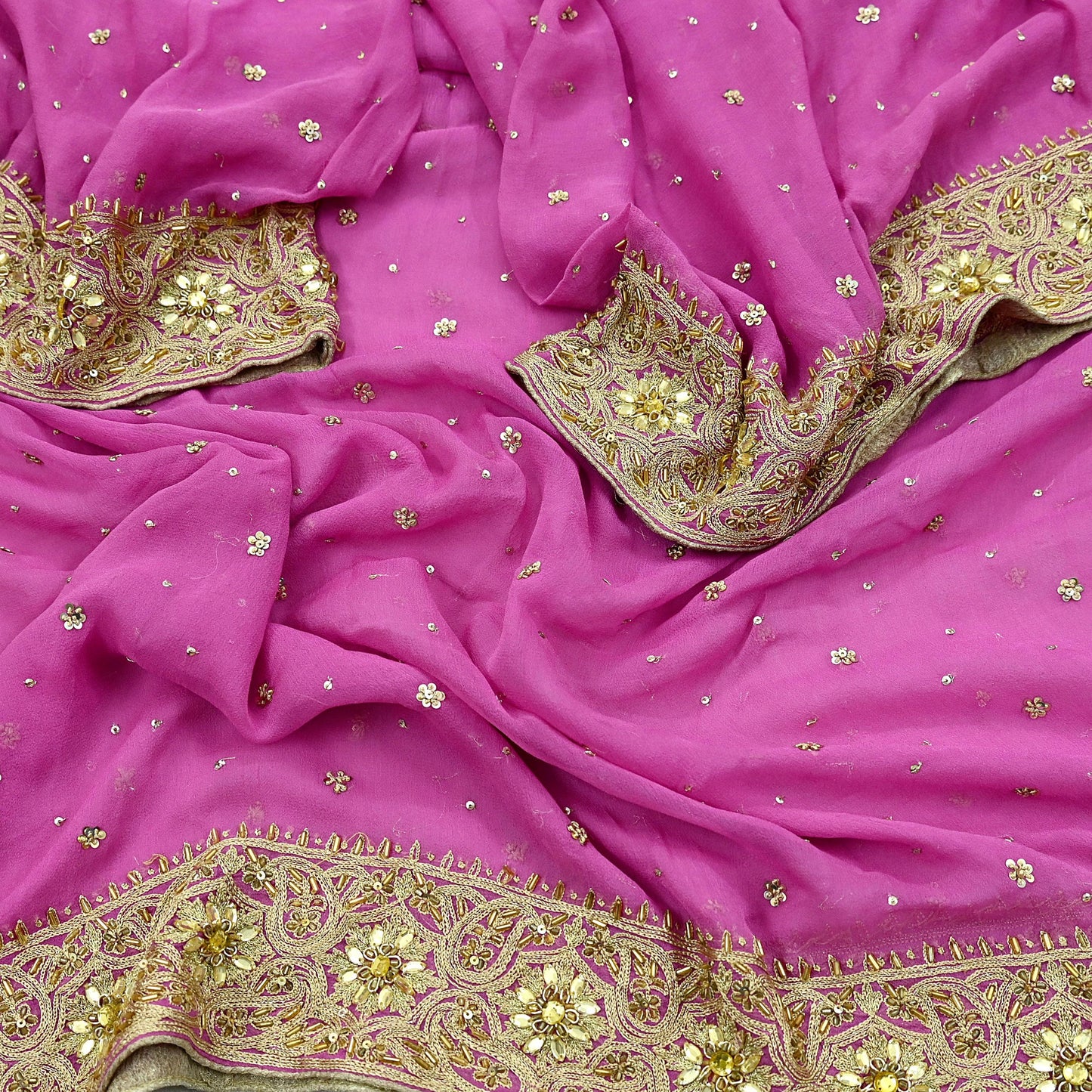 Indian Vintage Pink Dupatta Pure Georgette silk Long Stole Hand Embroidered Scarves Stole Veil Wrap Sequins Dabka/ Zardozi