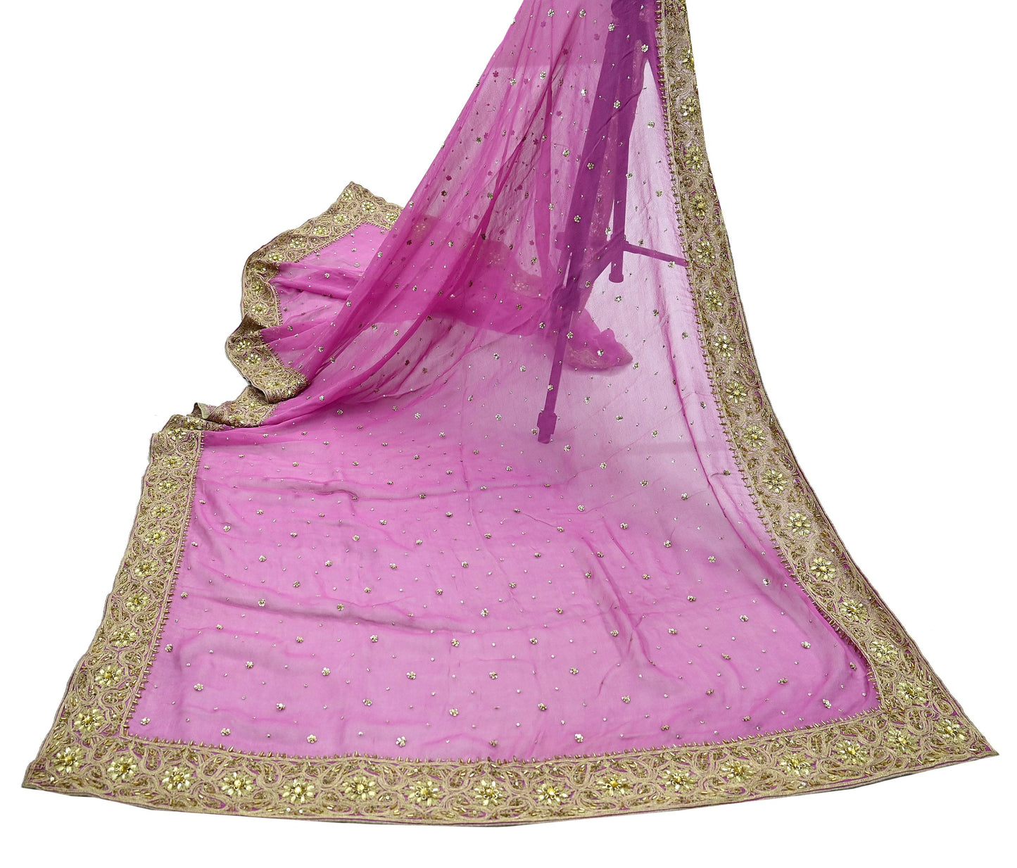 Indian Vintage Pink Dupatta Pure Georgette silk Long Stole Hand Embroidered Scarves Stole Veil Wrap Sequins Dabka/ Zardozi