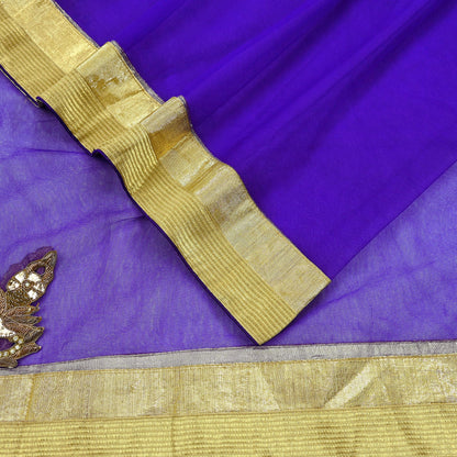 Indian Vintage Blue Dupatta Net Mesh Long Stole Hand Embroidered Scarves Golden Zardozi Zari Sequins Stole