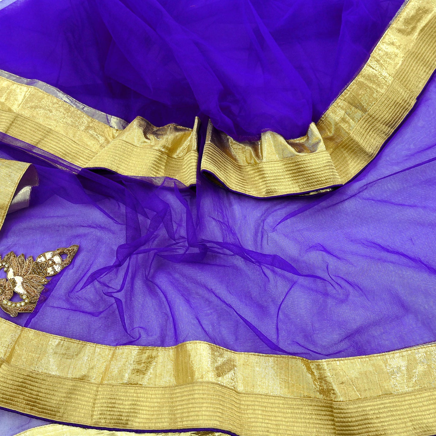 Indian Vintage Blue Dupatta Net Mesh Long Stole Hand Embroidered Scarves Golden Zardozi Zari Sequins Stole