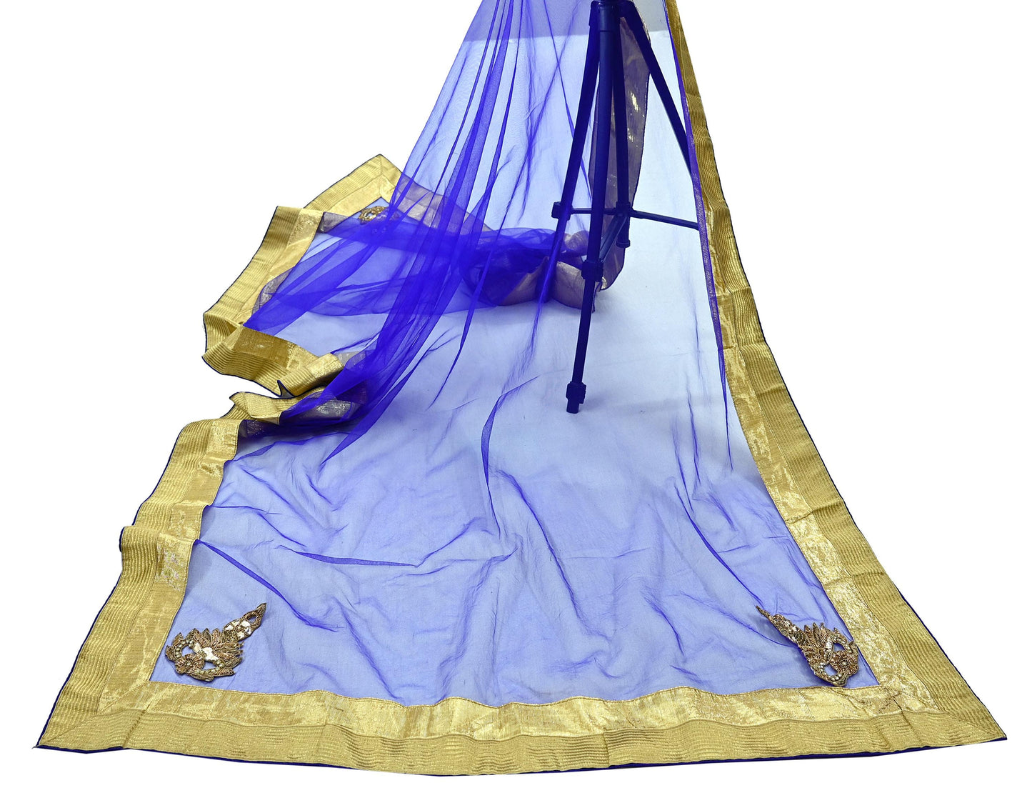 Indian Vintage Blue Dupatta Net Mesh Long Stole Hand Embroidered Scarves Golden Zardozi Zari Sequins Stole
