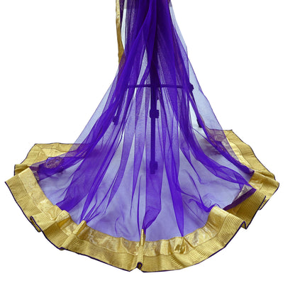 Indian Vintage Blue Dupatta Net Mesh Long Stole Hand Embroidered Scarves Golden Zardozi Zari Sequins Stole