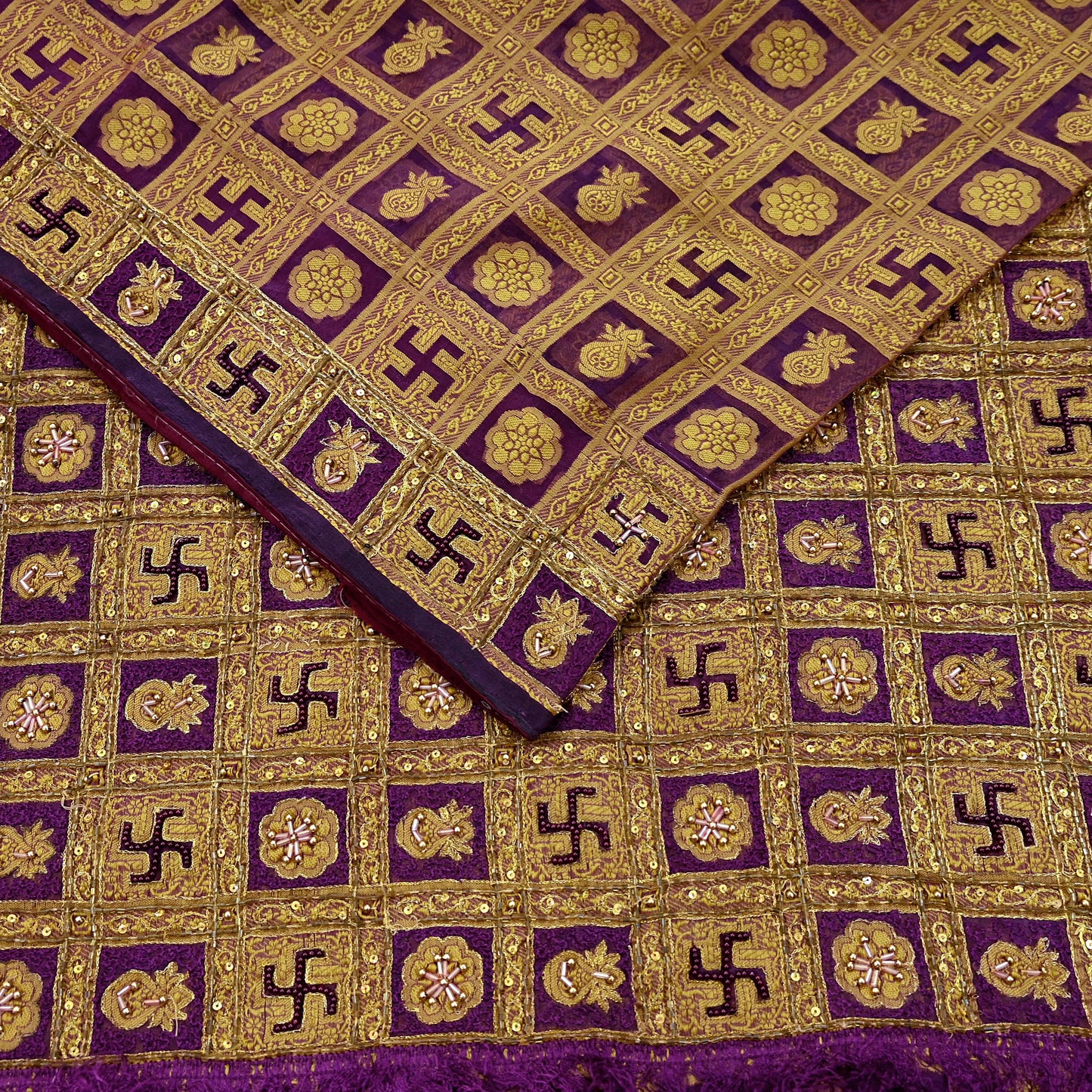 Indian Vintage Sari Purple Hand Embroidered Saree Pure Organza Silk Craft Fabric 5Yd Ethnic Dress Making Crafting Quilting