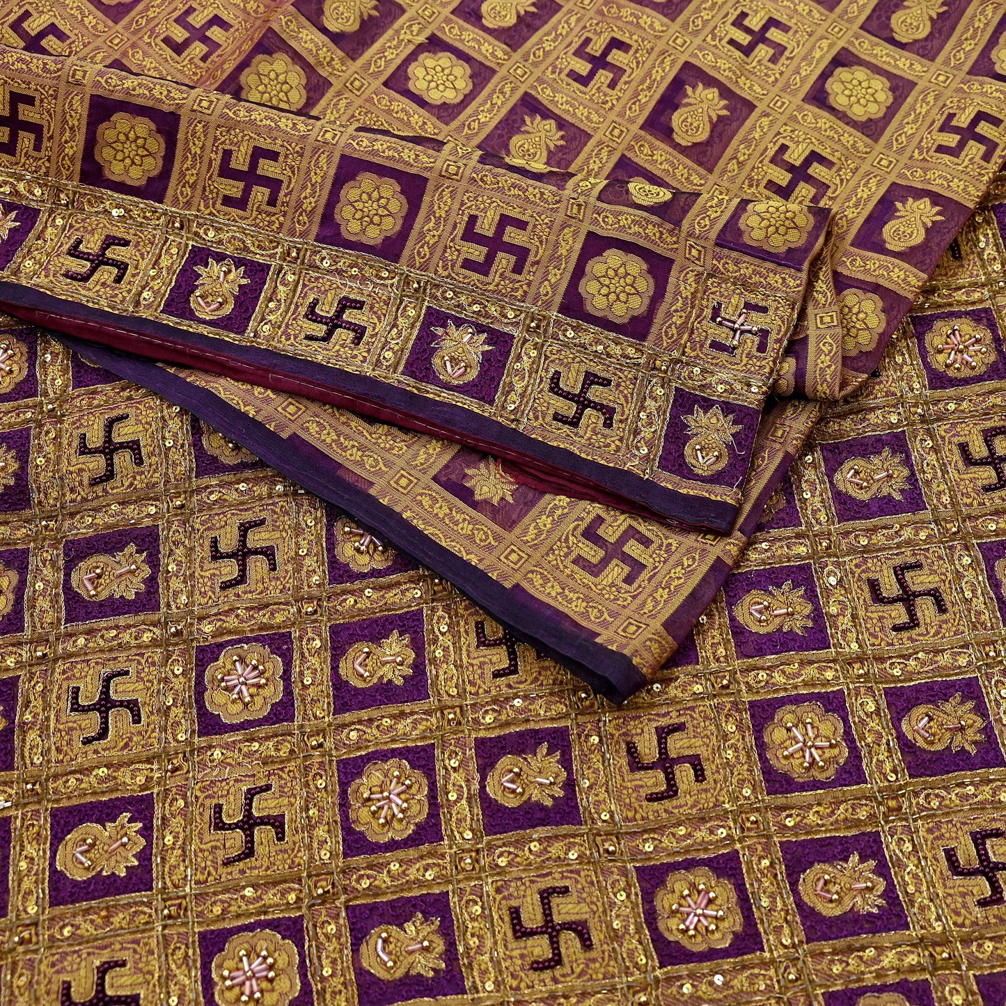 Indian Vintage Sari Purple Hand Embroidered Saree Pure Organza Silk Craft Fabric 5Yd Ethnic Dress Making Crafting Quilting
