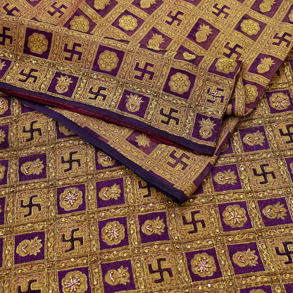 Indian Vintage Sari Purple Hand Embroidered Saree Pure Organza Silk Craft Fabric 5Yd Ethnic Dress Making Crafting Quilting