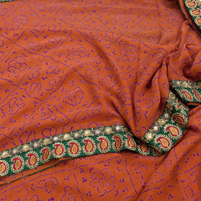 Indian Vintage Orange Saree Pure Georgette Silk Hand Embroidered Bandhani Printed Sari Craft Fabric 5yd Soft Sequins Dress making Crafting