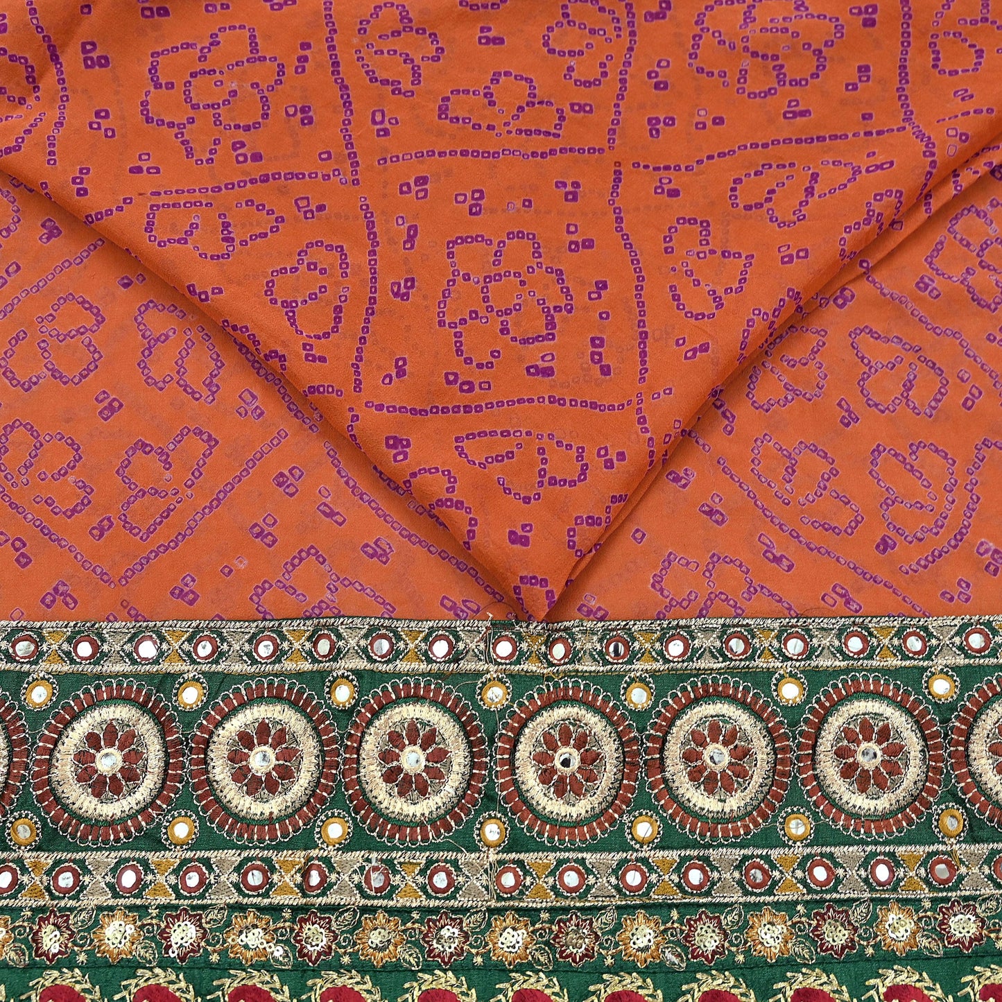 Indian Vintage Orange Saree Pure Georgette Silk Hand Embroidered Bandhani Printed Sari Craft Fabric 5yd Soft Sequins Dress making Crafting