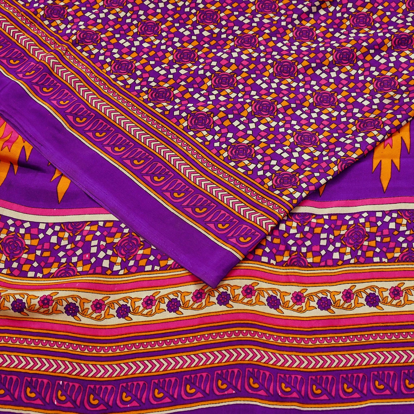 Indian Vintage Purple Moss Crepe Saree Printed Floral Sari Fabric 6 Yards Soft Craft Fabric for Sewing, Dressmaking, Quilting,Upcycling