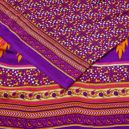 Indian Vintage Purple Moss Crepe Saree Printed Floral Sari Fabric 6 Yards Soft Craft Fabric for Sewing, Dressmaking, Quilting,Upcycling