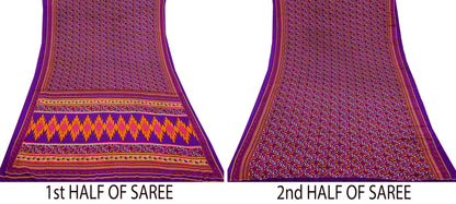 Indian Vintage Purple Moss Crepe Saree Printed Floral Sari Fabric 6 Yards Soft Craft Fabric for Sewing, Dressmaking, Quilting,Upcycling