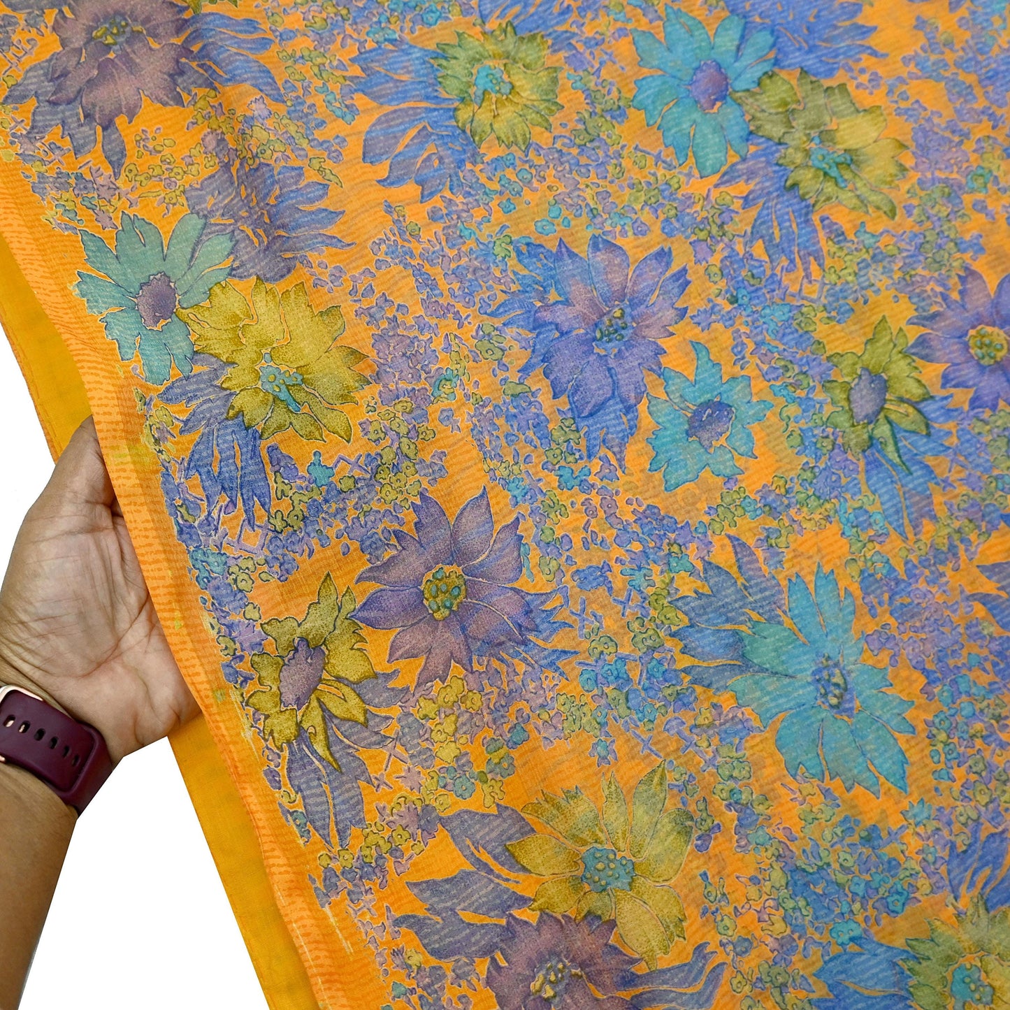 Indian Vintage Sari Orange Pure Chiffon Silk Printed Sarees Craft Fabric Sewing 5Yard Soft Light Sari Dress Making Quilting Upcycle Crfating