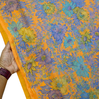 Indian Vintage Sari Orange Pure Chiffon Silk Printed Sarees Craft Fabric Sewing 5Yard Soft Light Sari Dress Making Quilting Upcycle Crfating