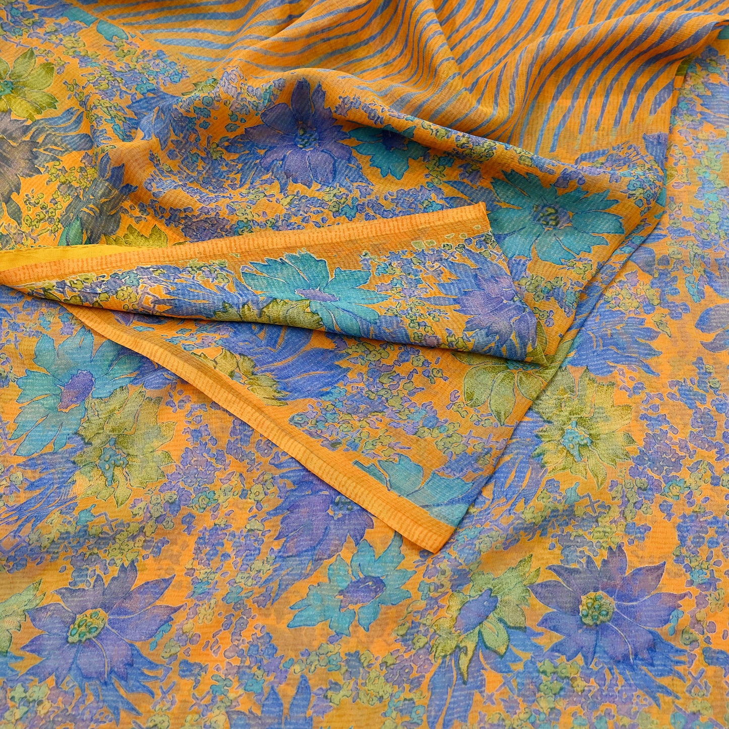 Indian Vintage Sari Orange Pure Chiffon Silk Printed Sarees Craft Fabric Sewing 5Yard Soft Light Sari Dress Making Quilting Upcycle Crfating