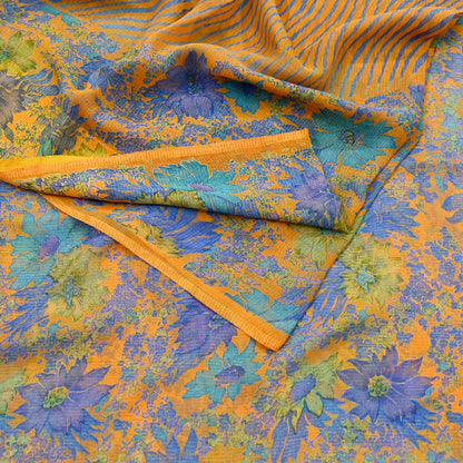 Indian Vintage Sari Orange Pure Chiffon Silk Printed Sarees Craft Fabric Sewing 5Yard Soft Light Sari Dress Making Quilting Upcycle Crfating