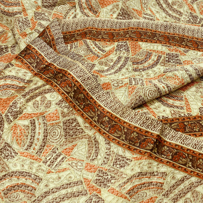 Indian Vintage Sari Brown & Beige 100% Pure Silk Printed Saree 6yd Sewing Craft Fabric DressMaking Wrap Abstract For Crafting Quilting