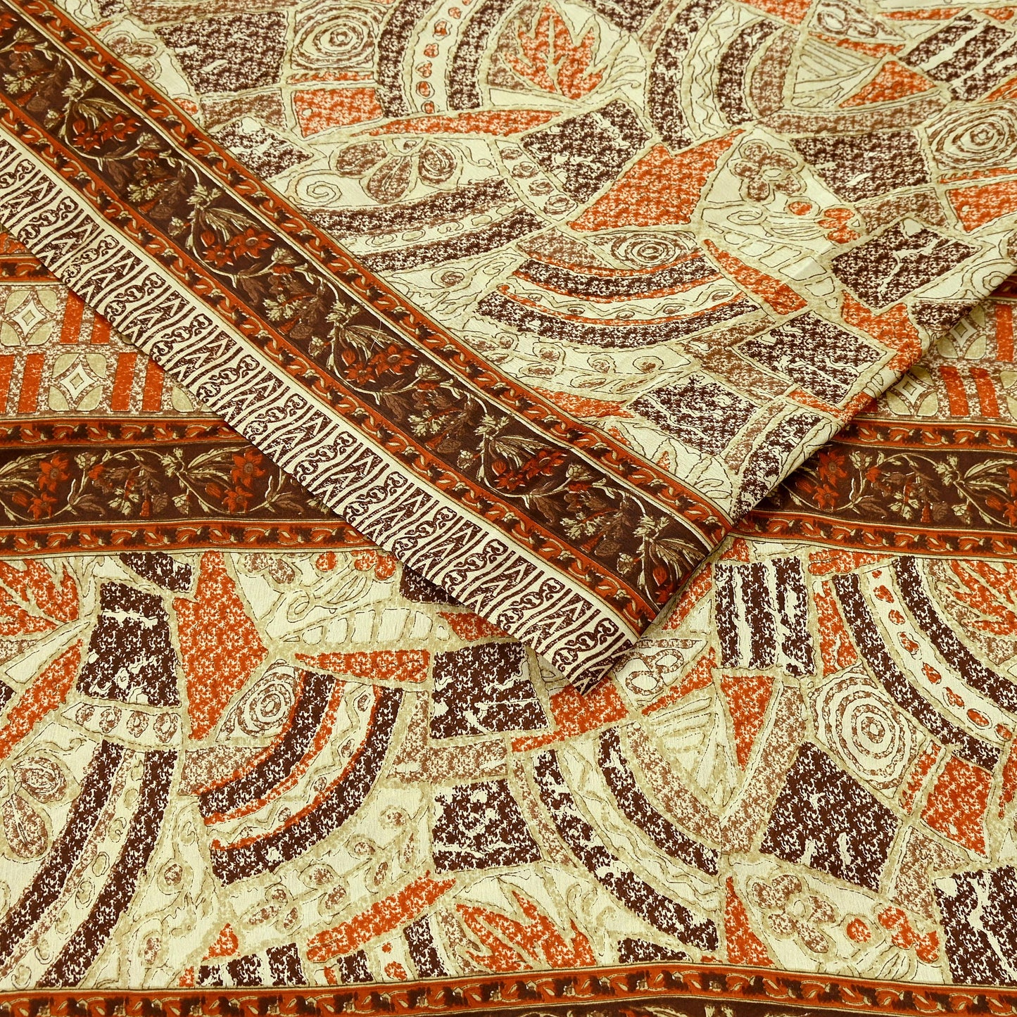 Indian Vintage Sari Brown & Beige 100% Pure Silk Printed Saree 6yd Sewing Craft Fabric DressMaking Wrap Abstract For Crafting Quilting