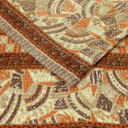 Indian Vintage Sari Brown & Beige 100% Pure Silk Printed Saree 6yd Sewing Craft Fabric DressMaking Wrap Abstract For Crafting Quilting