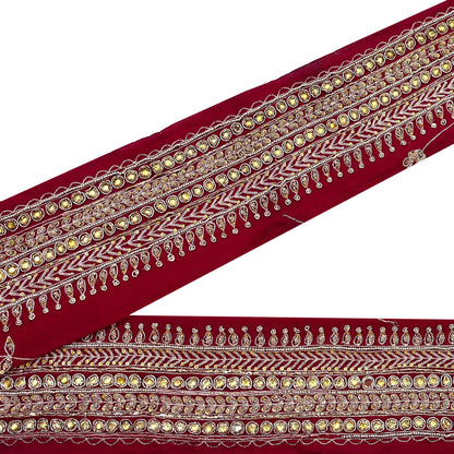 Indian Vintage Maroon Sari Border Hand Embroidered Craft Trim Lace Sewing Sari Ribbon Pure Crepe silk Zardozi Zari Dress Making Upcycle