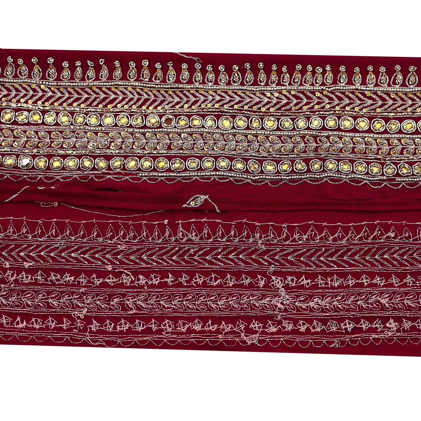 Indian Vintage Maroon Sari Border Hand Embroidered Craft Trim Lace Sewing Sari Ribbon Pure Crepe silk Zardozi Zari Dress Making Upcycle
