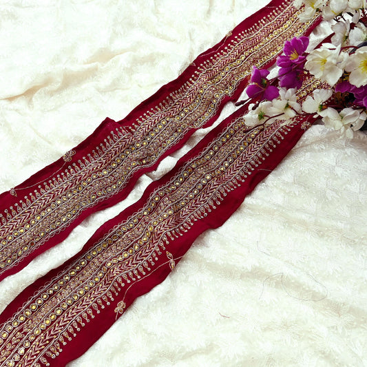 Indian Vintage Maroon Sari Border Hand Embroidered Craft Trim Lace Sewing Sari Ribbon Pure Crepe silk Zardozi Zari Dress Making Upcycle