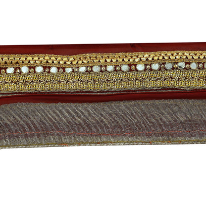 Indian Vintage Maroon Sari Border Hand Embroidered Craft Trim Lace Sewing Pure Georgette Silk Ribbon Recycled Zardozi