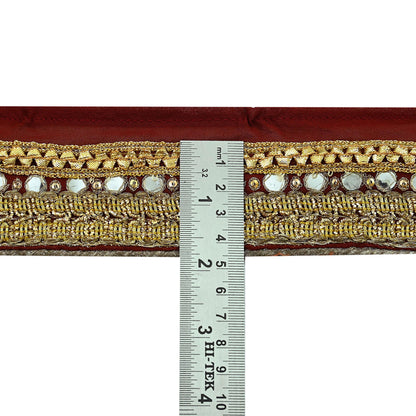 Indian Vintage Maroon Sari Border Hand Embroidered Craft Trim Lace Sewing Pure Georgette Silk Ribbon Recycled Zardozi