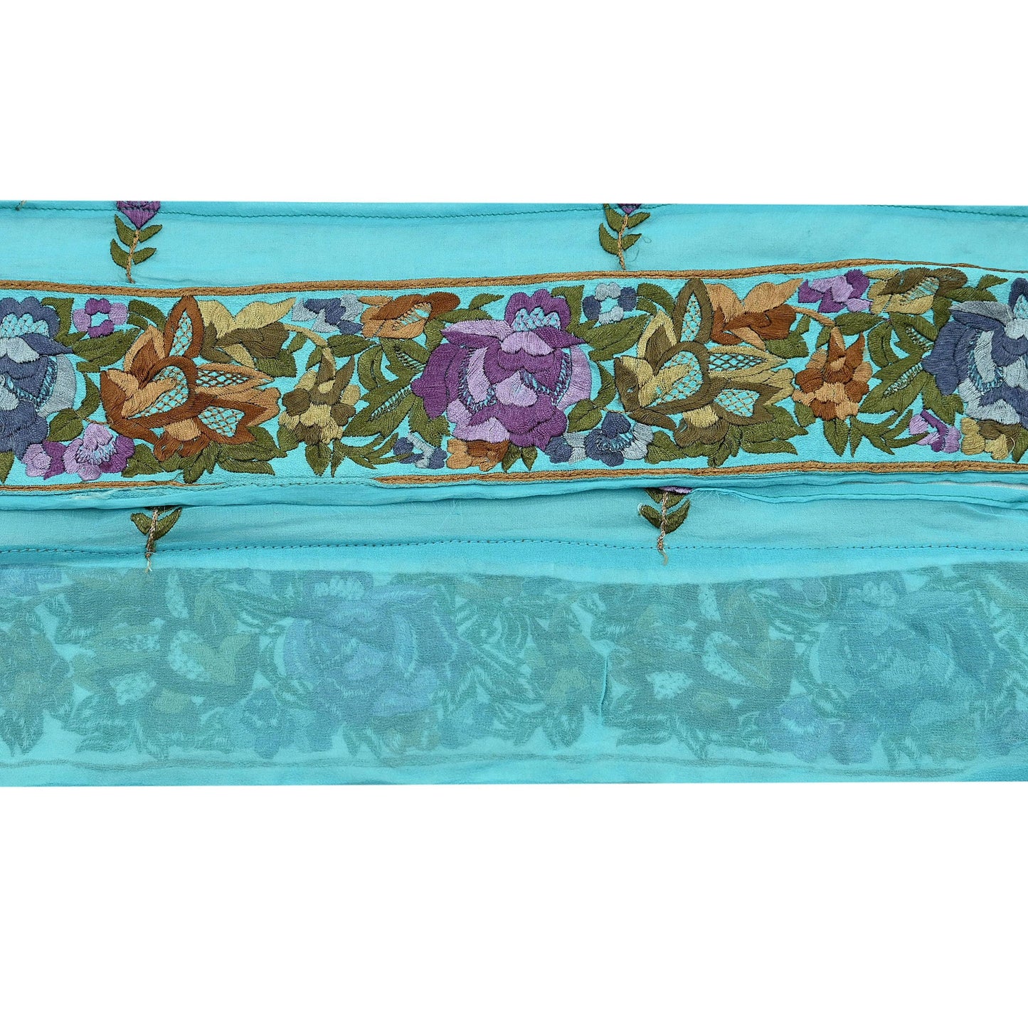 Indian Antique Vintage Parsi Gara Border Purple Hand Embroidered Craft Trim Lace Sewing Sarees Ribbon Recycled 1yard Pure Georgette Silk