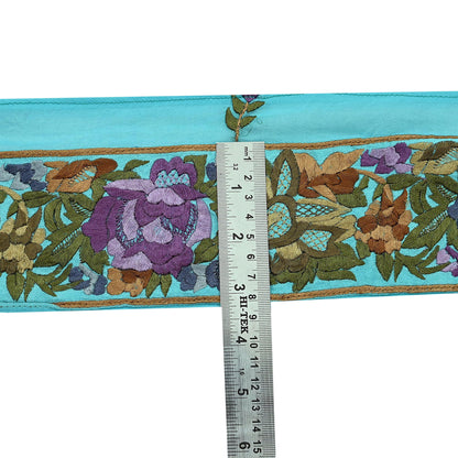 Indian Antique Vintage Parsi Gara Border Purple Hand Embroidered Craft Trim Lace Sewing Sarees Ribbon Recycled 1yard Pure Georgette Silk