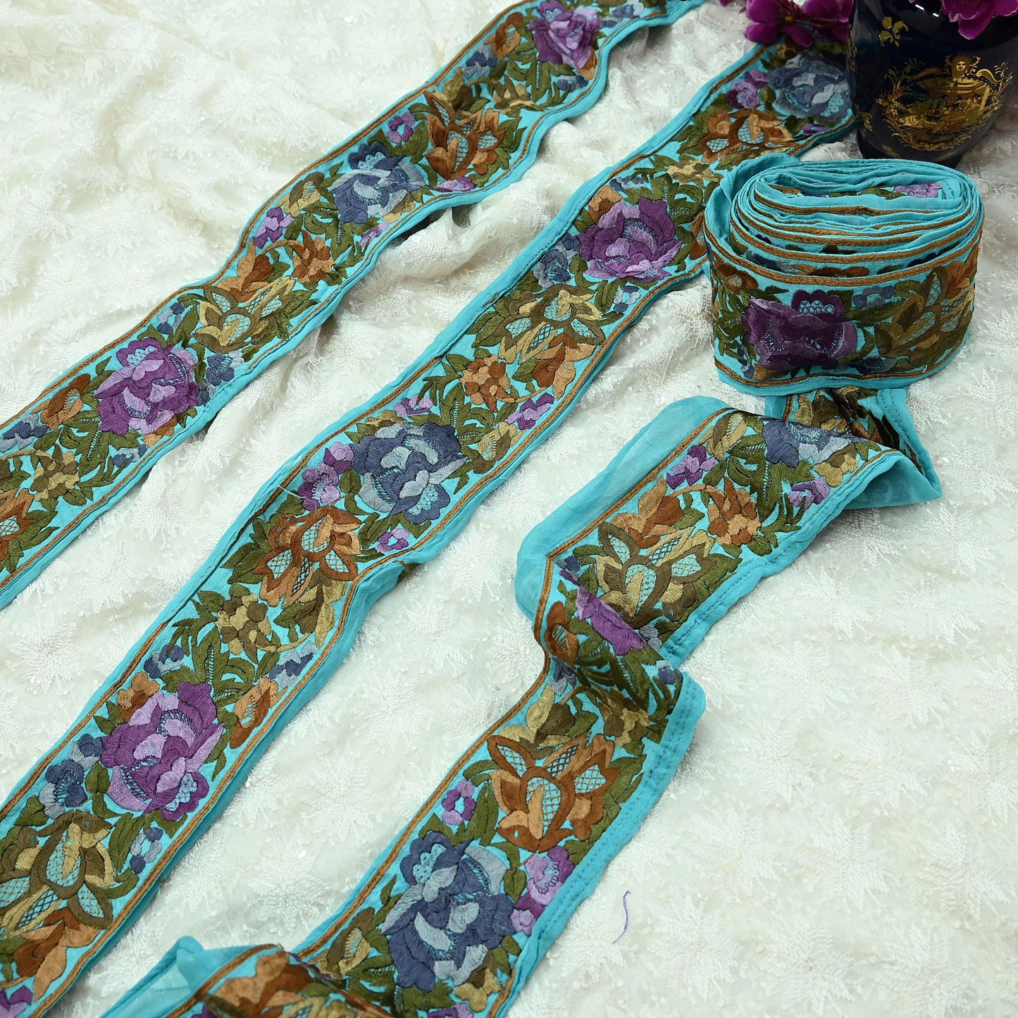 Indian Antique Vintage Parsi Gara Border Purple Hand Embroidered Craft Trim Lace Sewing Sarees Ribbon Recycled 1yard Pure Georgette Silk