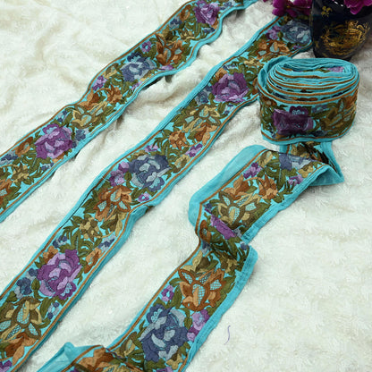 Indian Antique Vintage Parsi Gara Border Purple Hand Embroidered Craft Trim Lace Sewing Sarees Ribbon Recycled 1yard Pure Georgette Silk