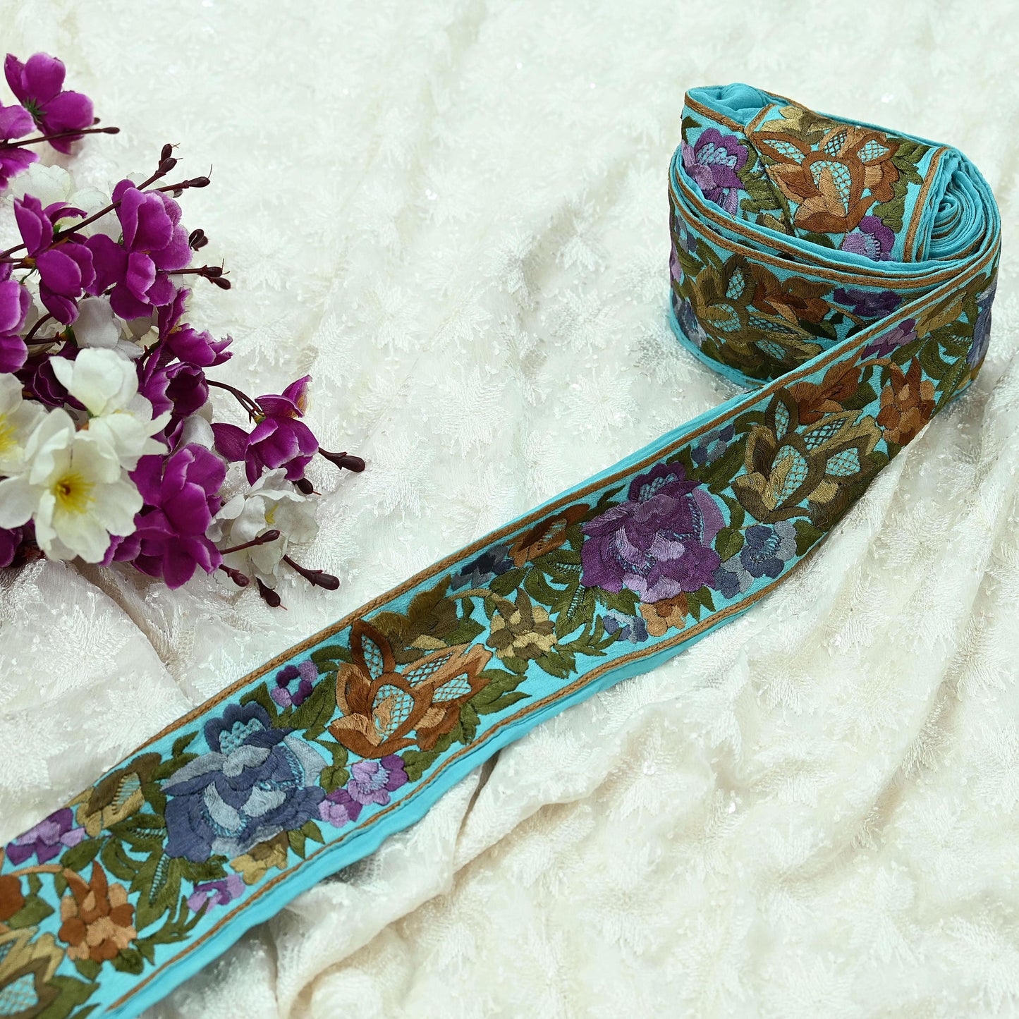 Indian Antique Vintage Parsi Gara Border Purple Hand Embroidered Craft Trim Lace Sewing Sarees Ribbon Recycled 1yard Pure Georgette Silk