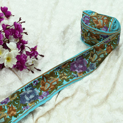 Indian Antique Vintage Parsi Gara Border Purple Hand Embroidered Craft Trim Lace Sewing Sarees Ribbon Recycled 1yard Pure Georgette Silk